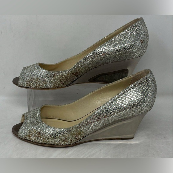 Jimmy Choo Shoes - JIMMY CHOO Metallic Champagne Glitter Baxen Peep Toe Wedge DESIGNER Shoes 40 1/2